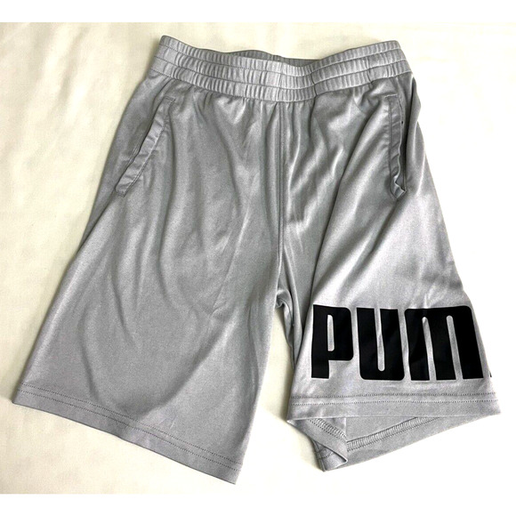 EUC Boys Puma Athletic Shorts Light Gray Youth M (10/12) Black Logo - Picture 1 of 5